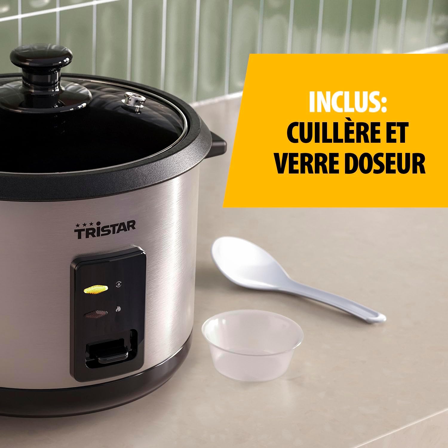 Detalle 2 de Tristar Cuiseur à Riz RK-6148 – 1,8 L, inox et couvercle en verre, maintien au chaud