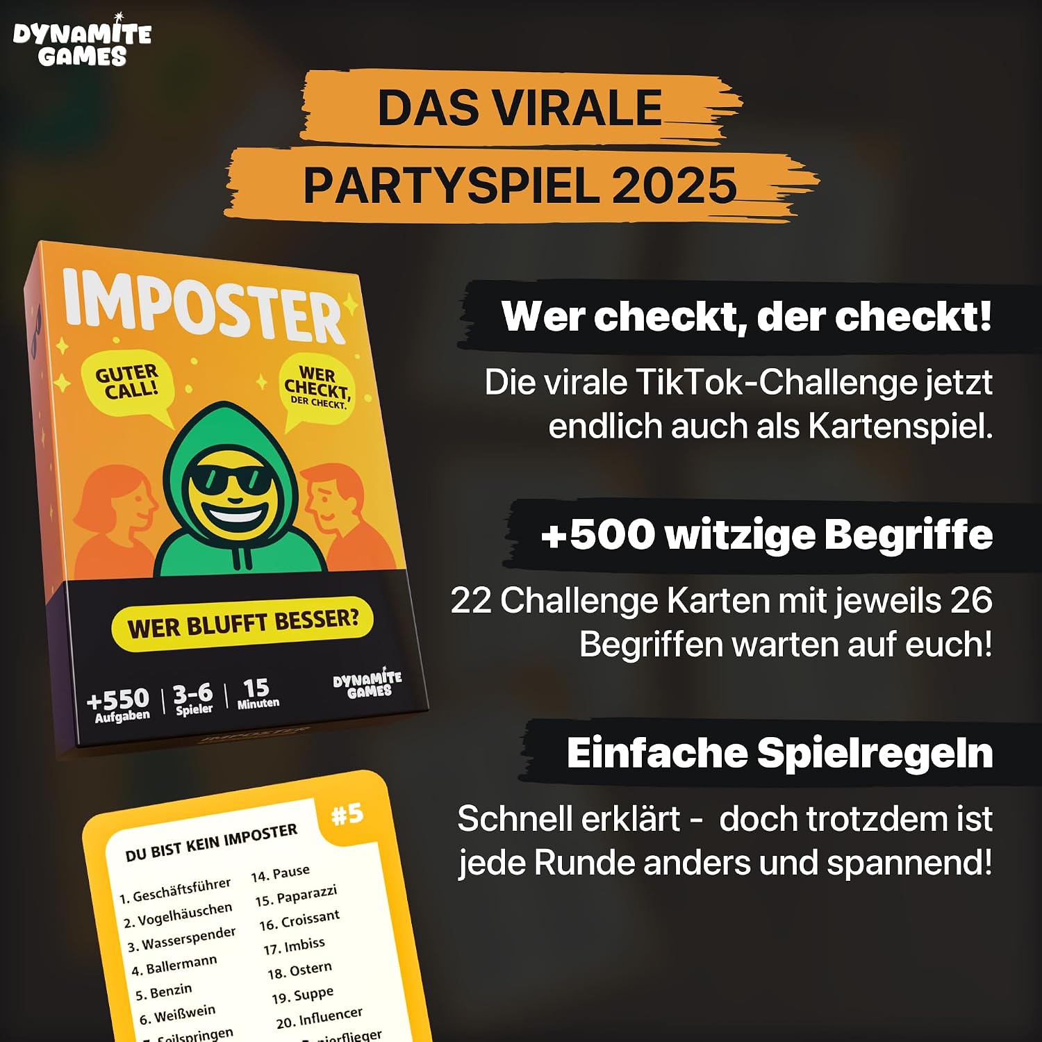 Detalle de Imposter – Wer ist der Hochstapler? | +550 Aufgaben – Virales Partyspiel zum Bluffen, Raten & Lachen