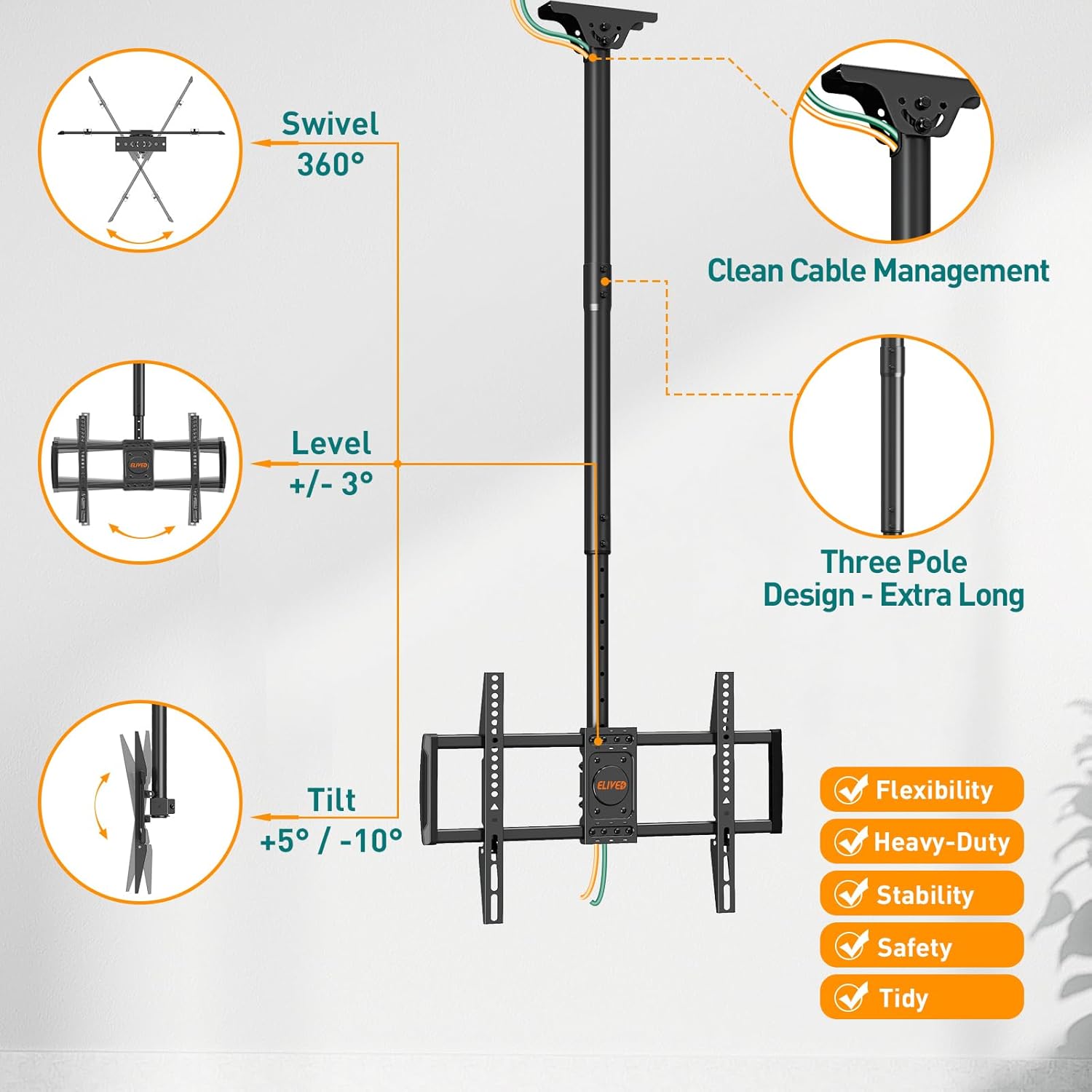 Thumbnail 3 de ELIVED ceiling TV bracket for 37–75 inch TVs (max VESA 600x400mm, up to 50kg)
