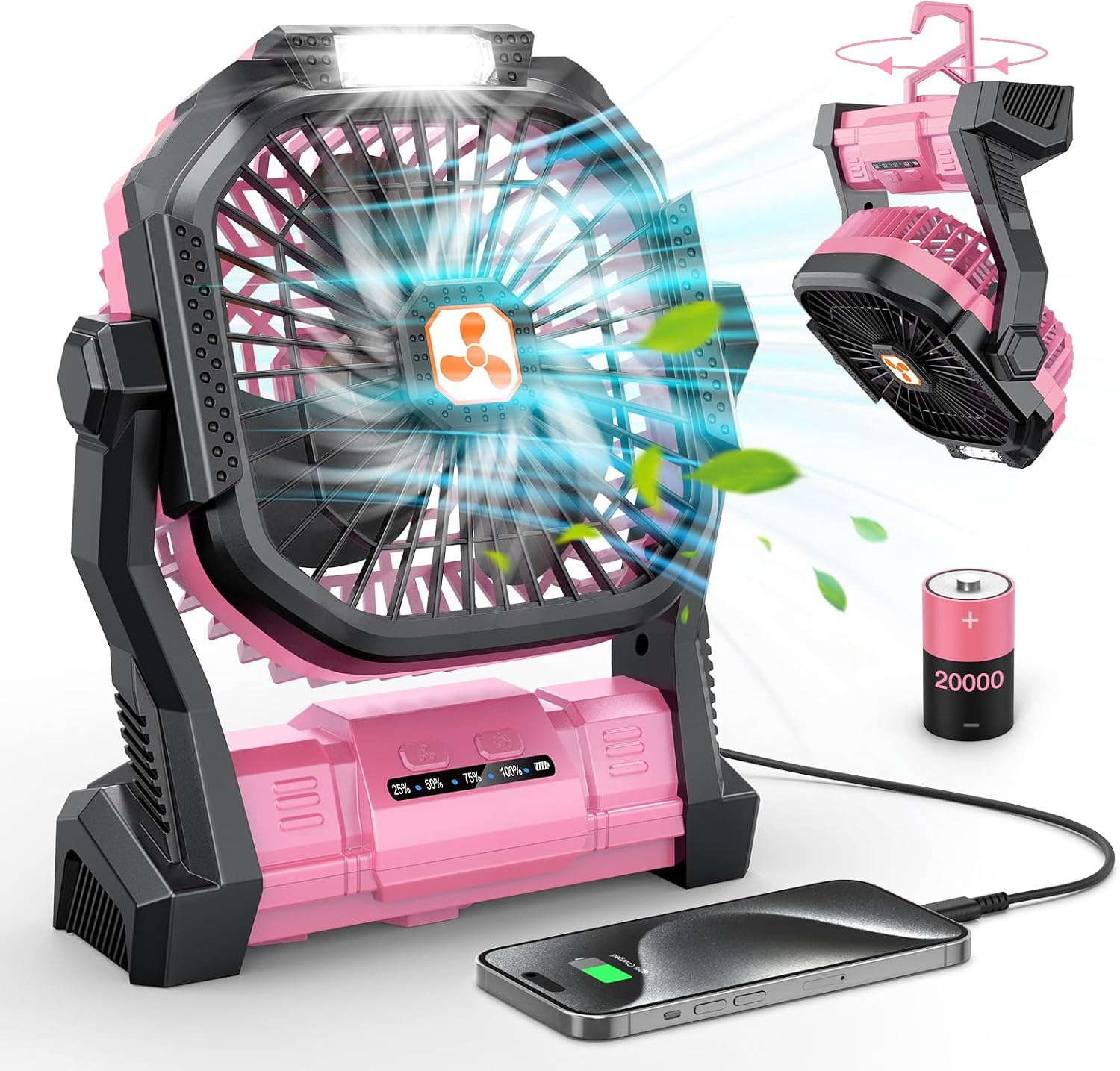 Detalle de ONLYNEW 20000mAh Portable Fan with LED Lantern, USB-C Charging, Pink