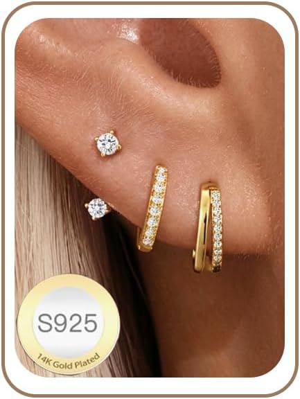 ESPVO Gold Hoop Stud Earrings Set for Women (14k Gold Plated, Hypoallergenic) – 3 Pairs