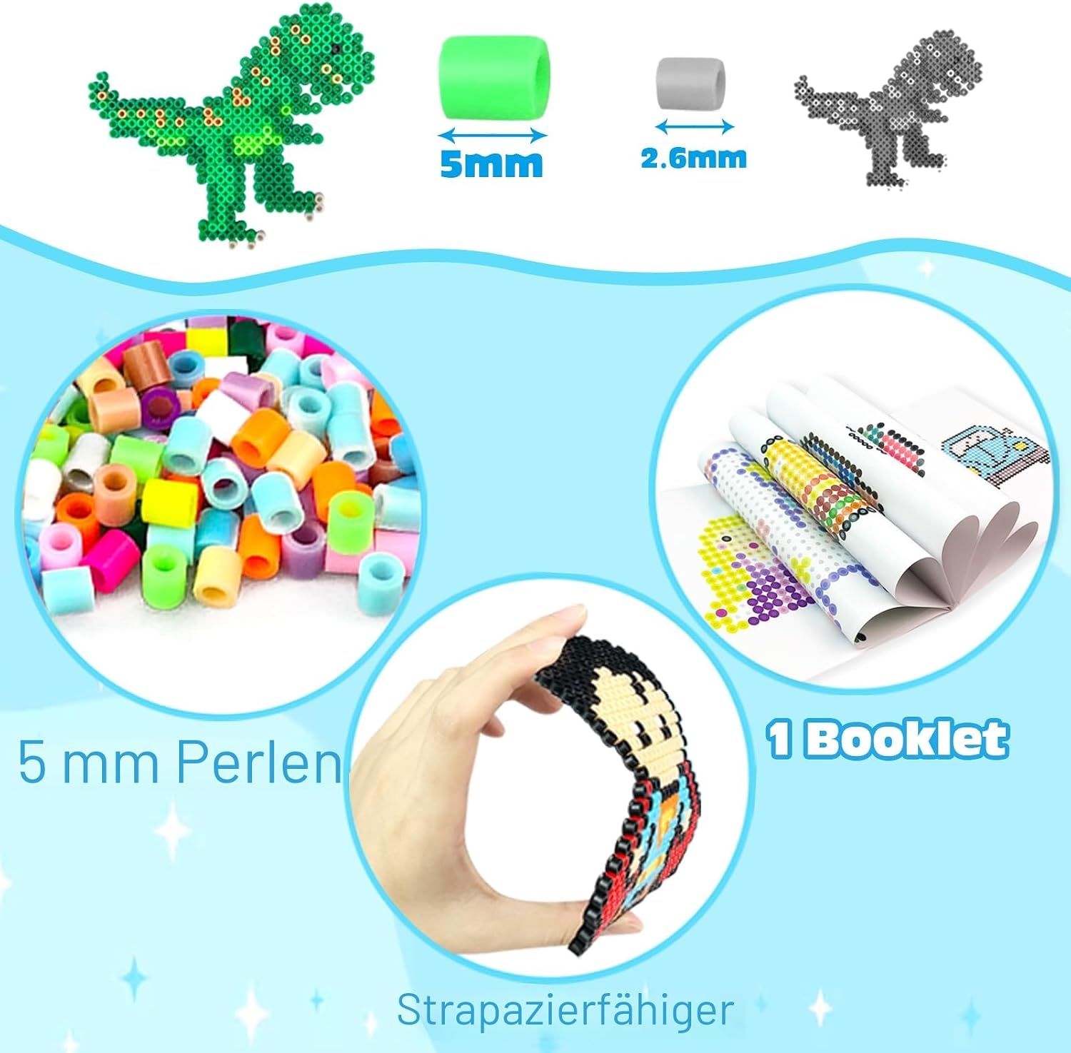 Detalle de 20 Farben 5mm Bügelperlen Set mit Aufbewahrungsbox – 11000 Stück, Bastelset inklusive Platten, Vorlagenbuch und Zubehör