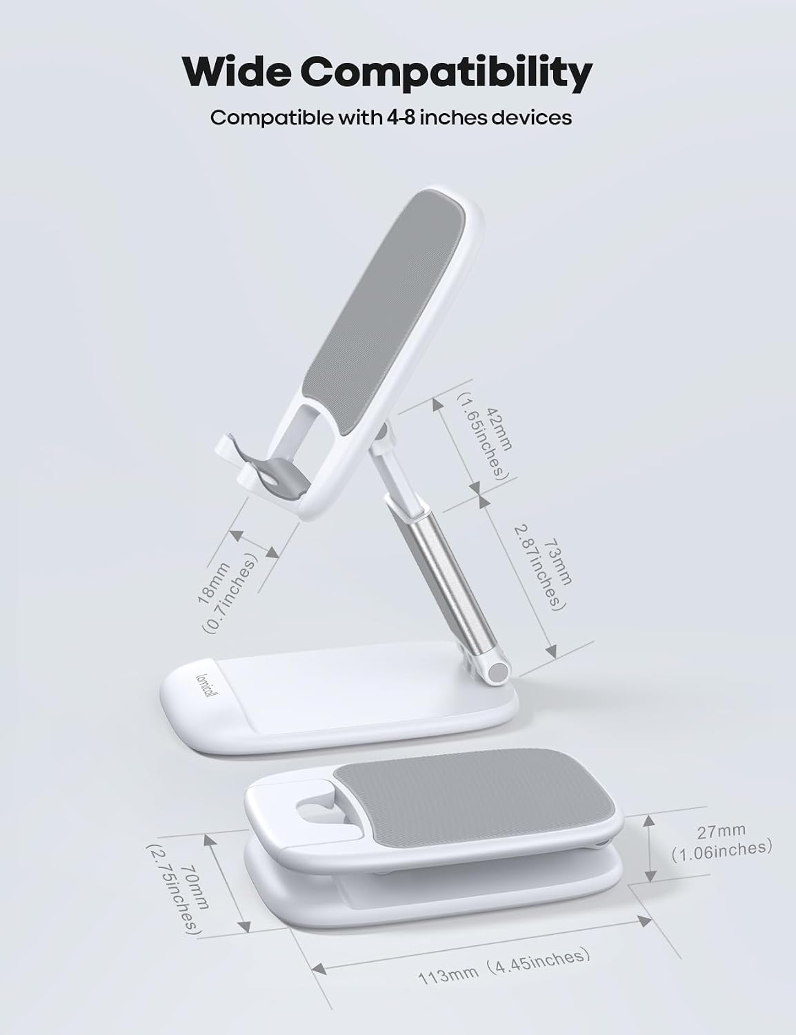 Detalle de Lamicall Adjustable Phone Stand for Desk (Foldable Metal Base) – White, for 4"–8" phones & tablets