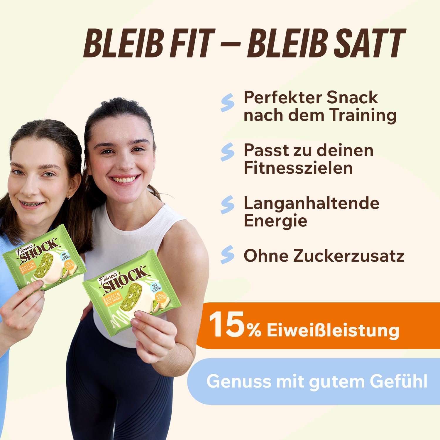 Thumbnail 6 de FitnesSHOCK Protein Brownie Snack (Pistazien) – ohne Zuckerzusatz, low carb, 15% Eiweiß, 10 x 50 g