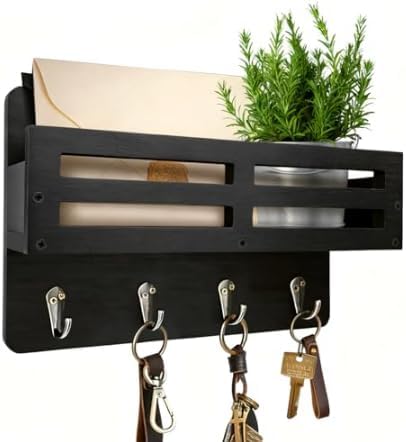 Detalle de KISENG Key Hooks -J Wall-Mounted Key and Mail Organizer, Black Paulownia Wood