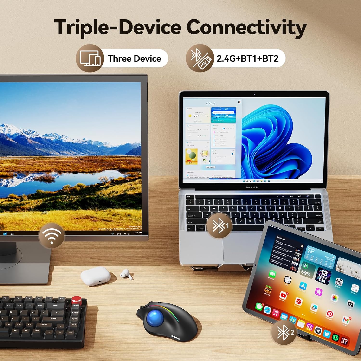 Detalle 2 de TECKNET TK-MS023 Wireless Trackball Mouse with USB-C and 3-Device Connectivity