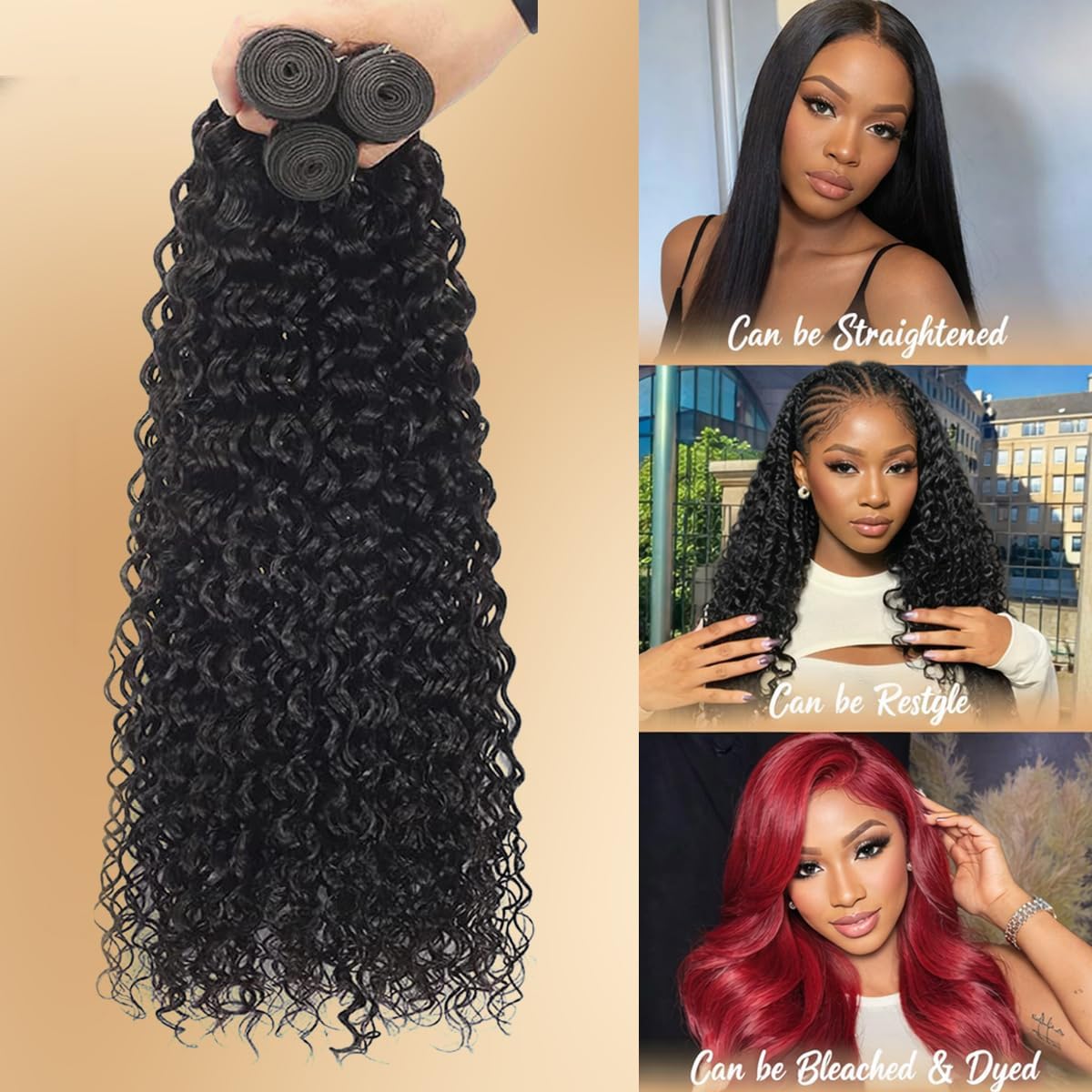 Detalle de 10A Water Wave Bundles: Brazilian Unprocessed Virgin Remy Hair (16, 18, 20 Inch) – Deep Curly, Natural Black