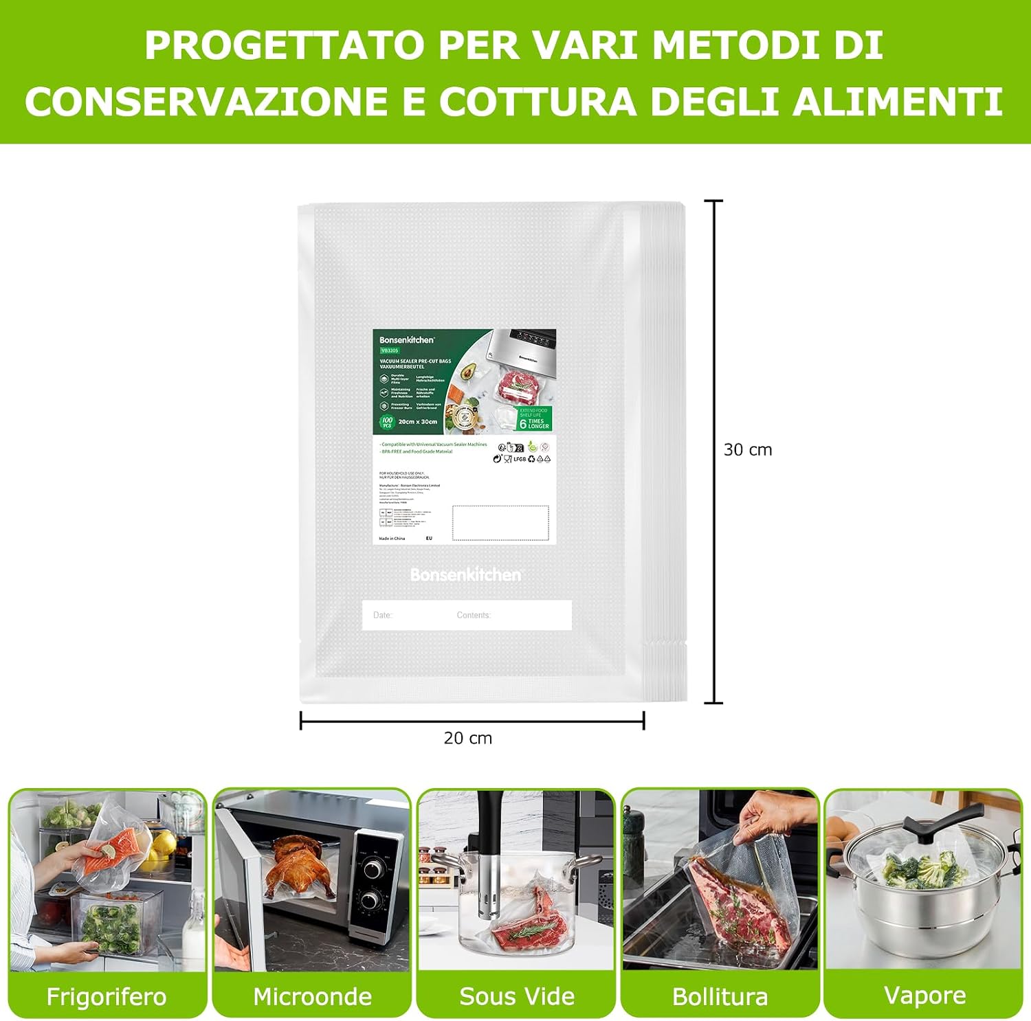 Detalle de Bonsenkitchen Sacchetti Sottovuoto VB3205 20x30 cm (100 buste, goffrate, senza BPA) per macchine sottovuoto