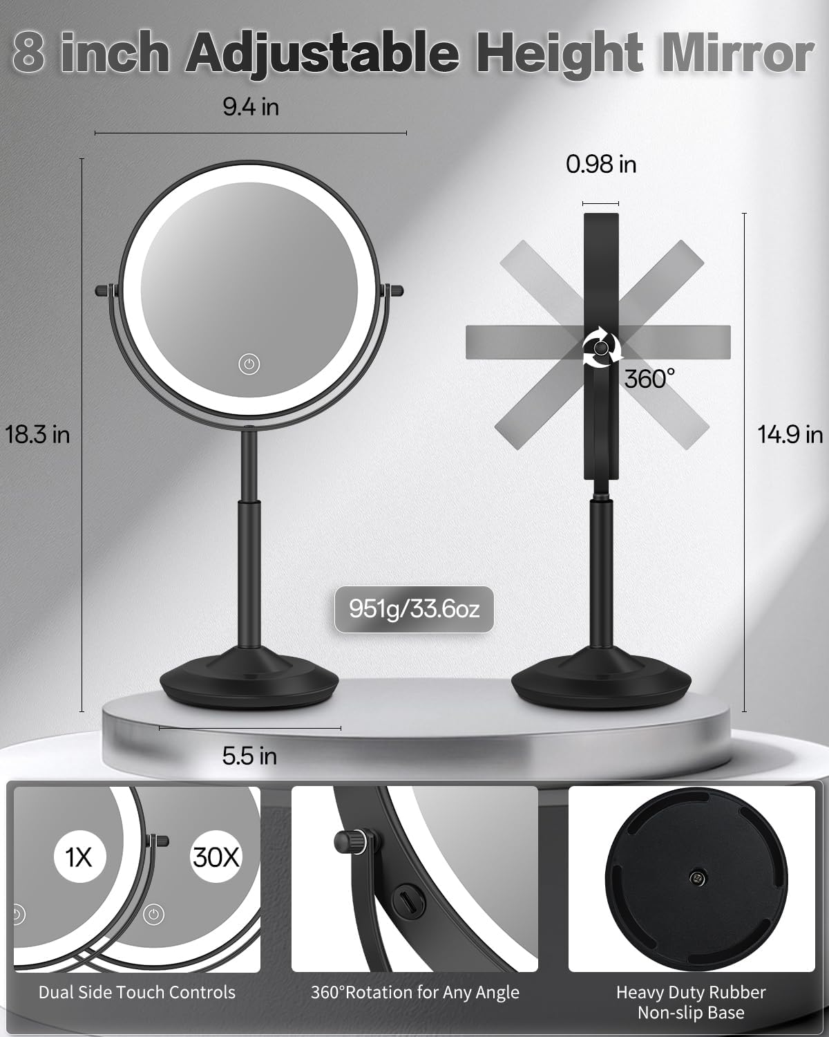 Thumbnail 4 de VFD 30X/1X Lighted Makeup Mirror with Height Adjustment and Rechargeable Battery