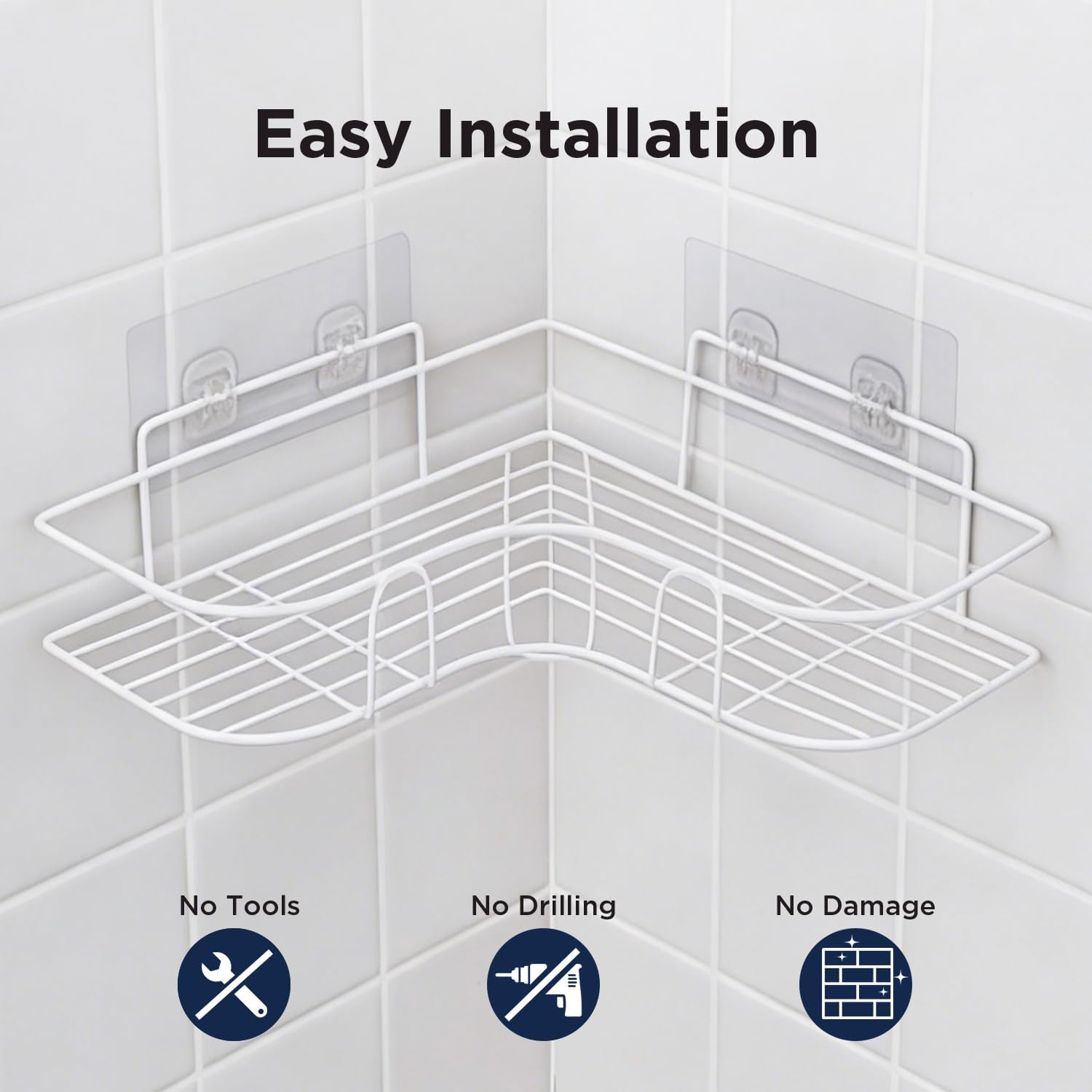 Detalle 2 de Moonlit Pond canny-240506 Corner Shower Caddy, White Stainless Steel, No-Drill Adhesive