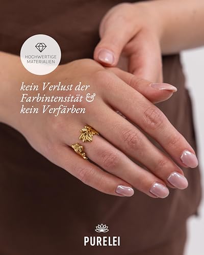 Detalle de Purelei Leaf Ring Damen – Gold, 14K vergoldet, wasserfestes Edelstahl-Design mit Anti-Stress-Funktion