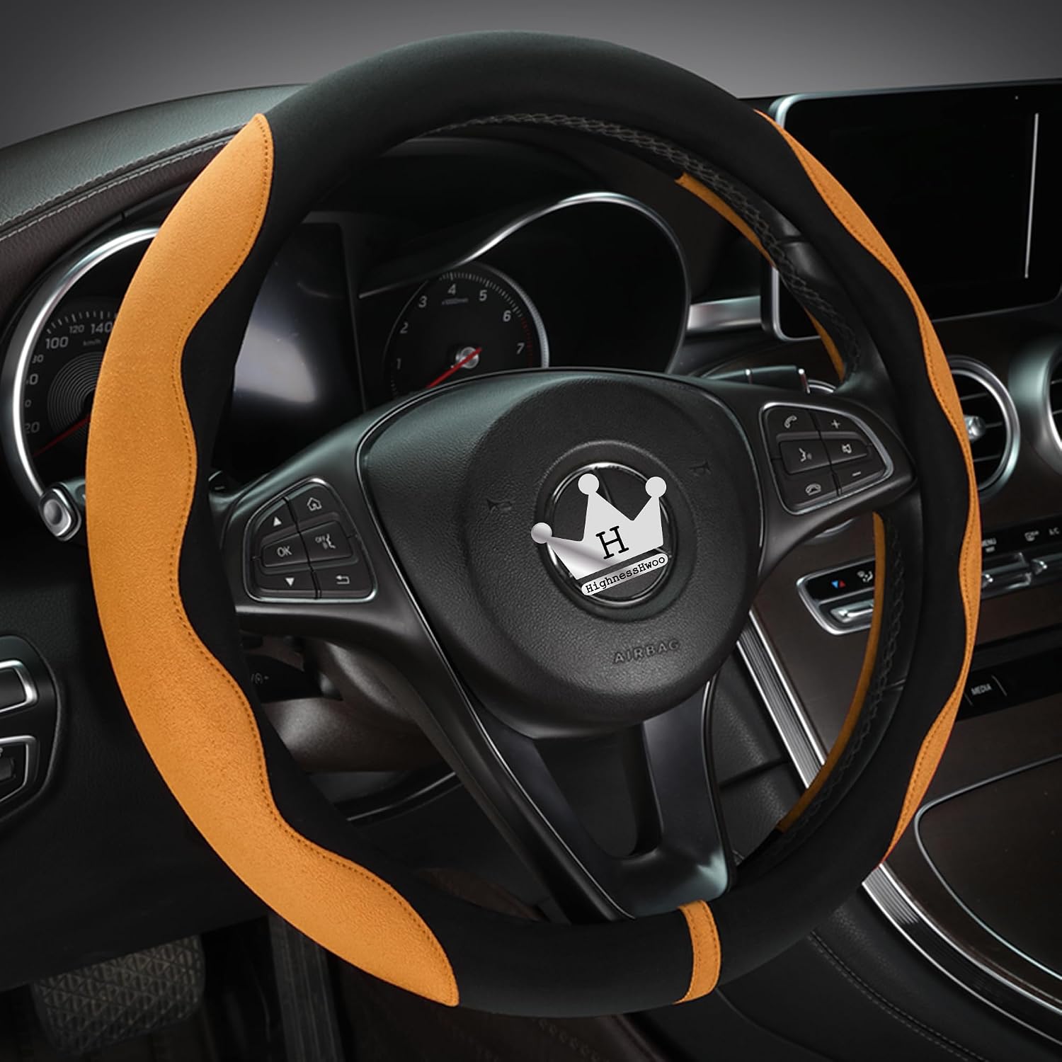Detalle de HighnessHwoo Luxury Suede Steering Wheel Cover – Soft Leather Padded, Universal Fit (14.75–15.15in) in Orange