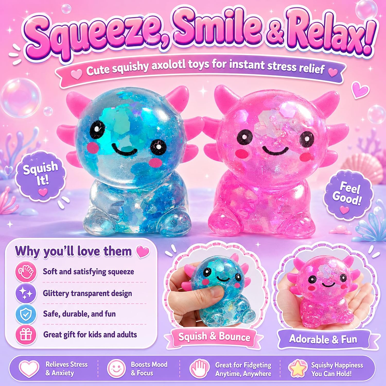 Thumbnail 5 de Axolotl Squishy Toy: Glitter Fidget for Stress Relief (Bluepink)