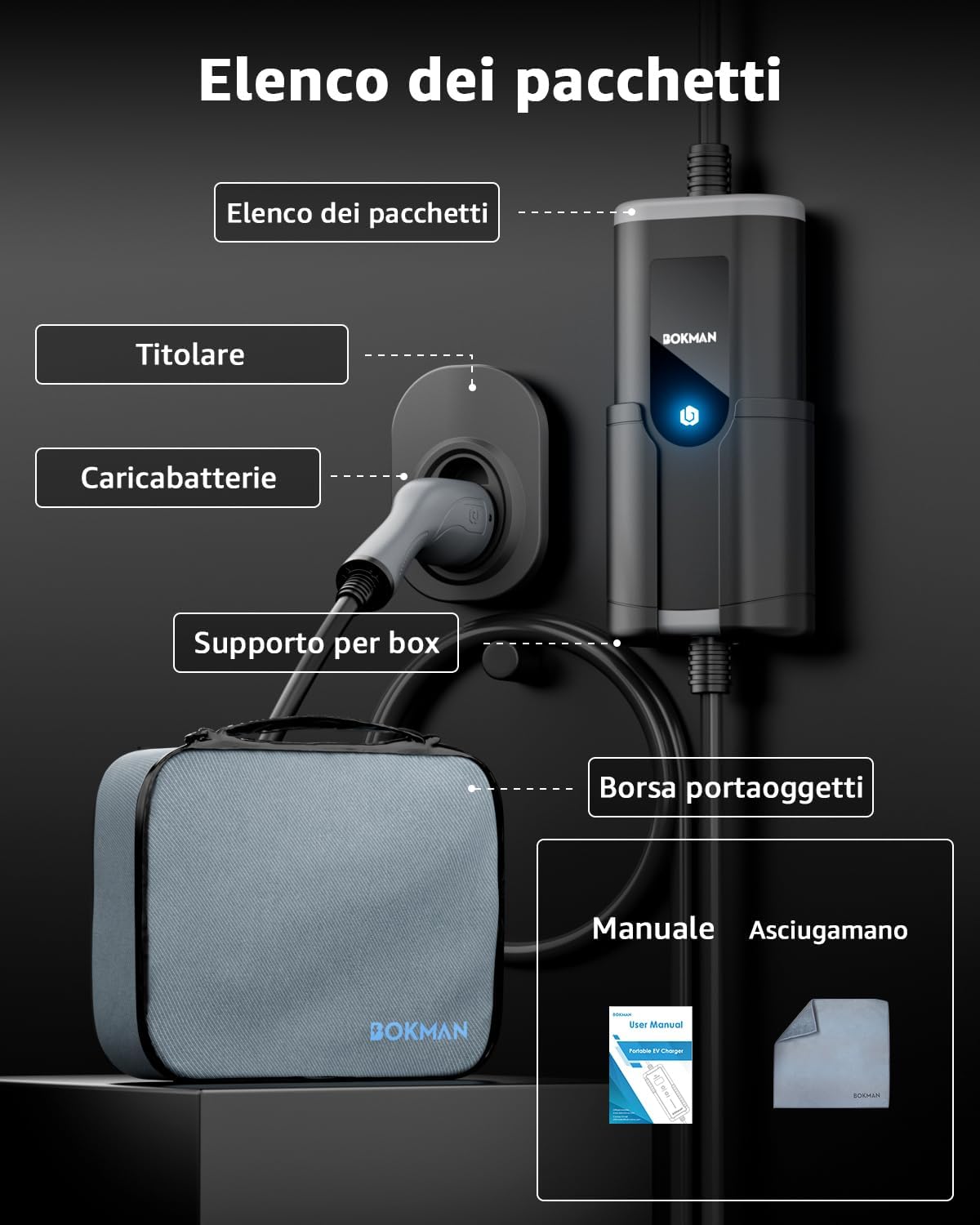 Thumbnail 5 de bokman Colonnina di Ricarica Auto Elettrica 3,68 kW | Cavo 8 m con Schuko – Wallbox Tipo 2
