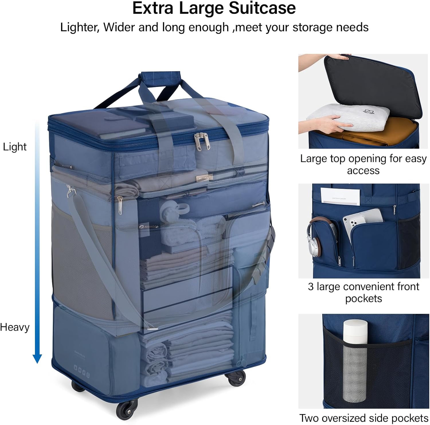 Detalle de Hanke Expandable Large Suitcase 4 Wheels – Lightweight, Foldable 68L–98L (20/24/28 inch) with No Telescopic Handle, Blue