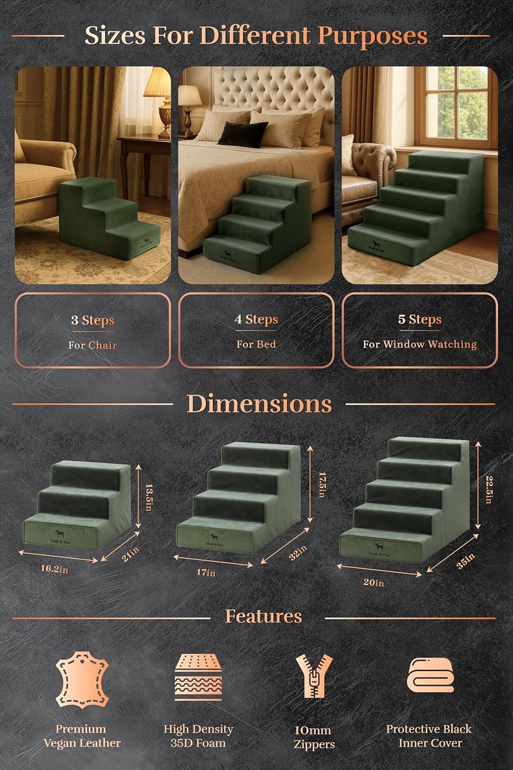 Thumbnail 3 de Noah & Paw Dog Stairs Leather Collection: 17" Extra-Wide 4-Step Dog Ramp for High Beds