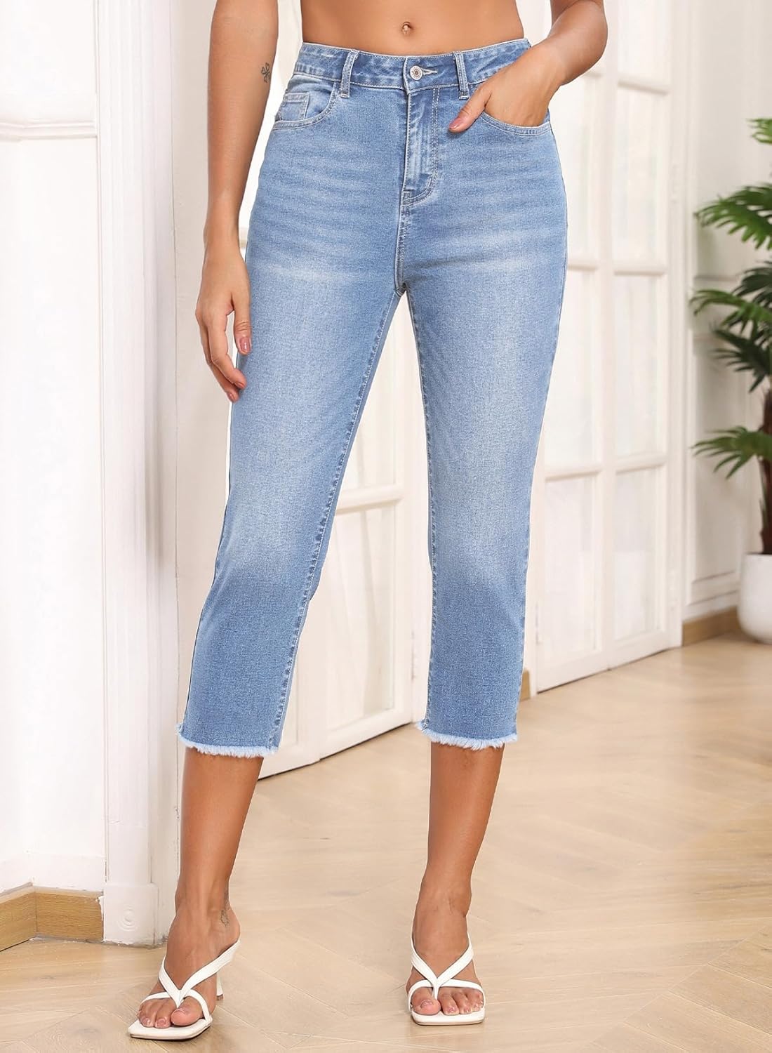 Thumbnail 2 de Sidefeel Women's Capri Jeans High Waisted 2026 Summer Fashion Straight Leg Raw Hem Denim Capri Pants