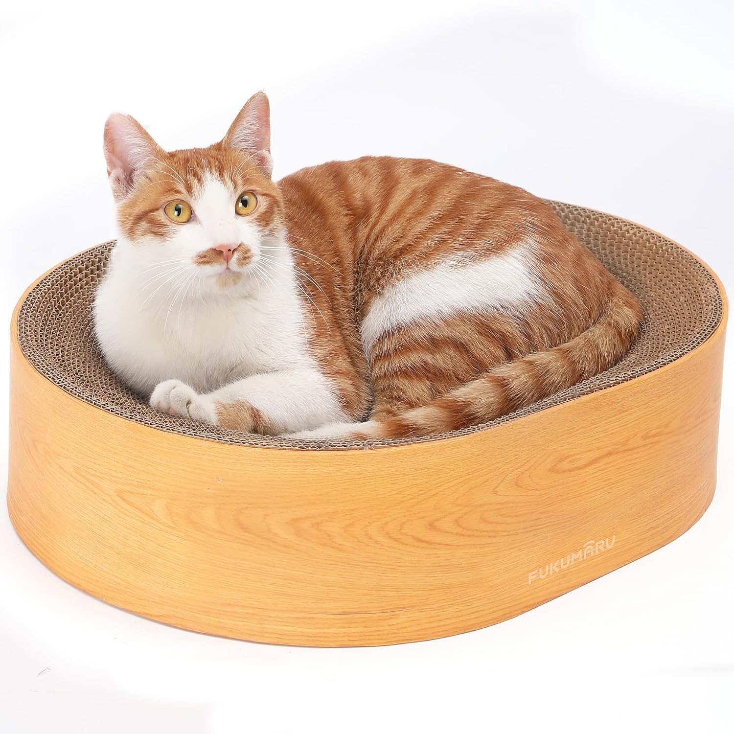 Detalle de FUKUMARU Cat Scratcher Cardboard Lounge Bed (2-in-1 oval scratch pad) in wood colour