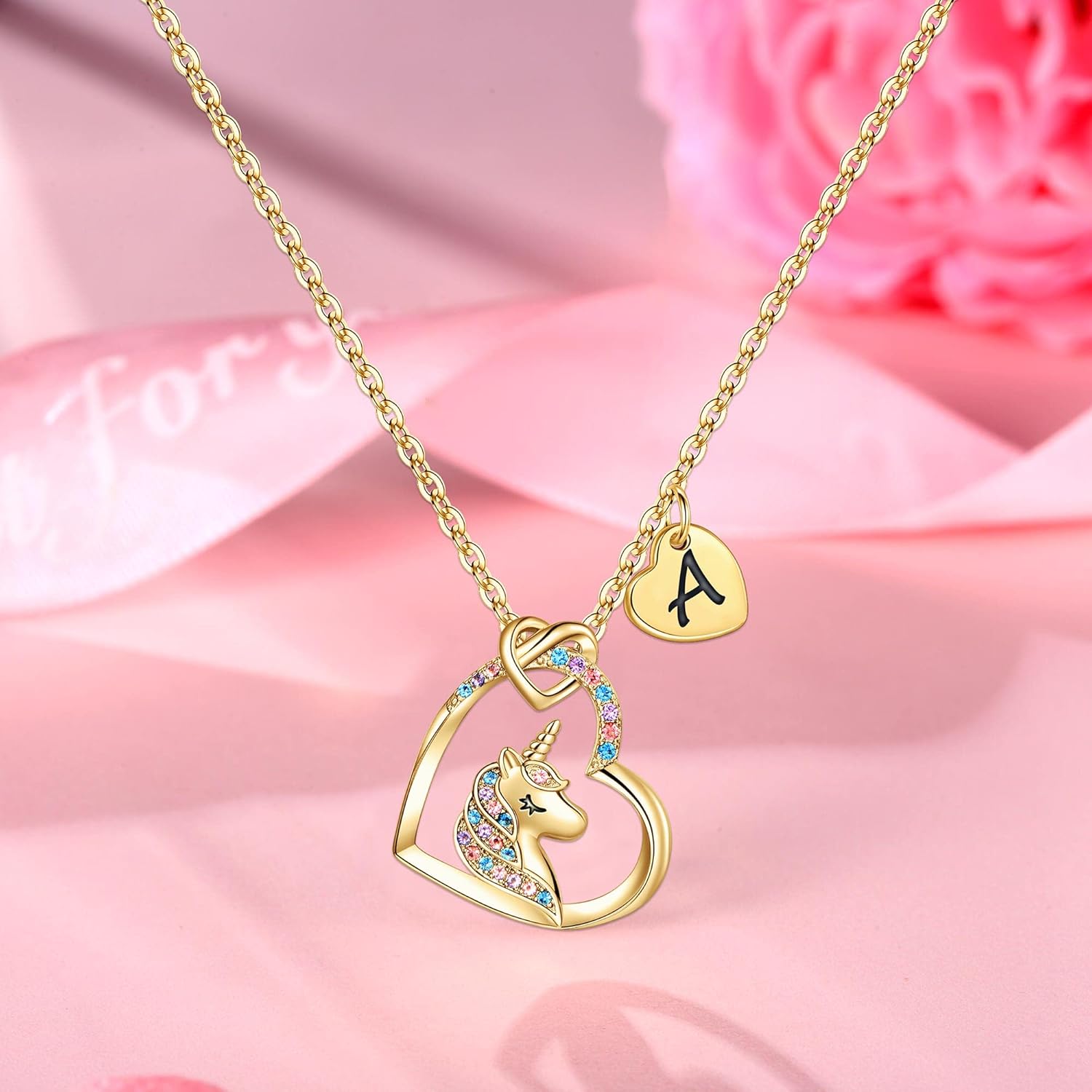 Thumbnail 6 de TINGN Regalo collana unicorno con ciondolo cuore CZ placcato oro 14k – idea regalo per una ragazza