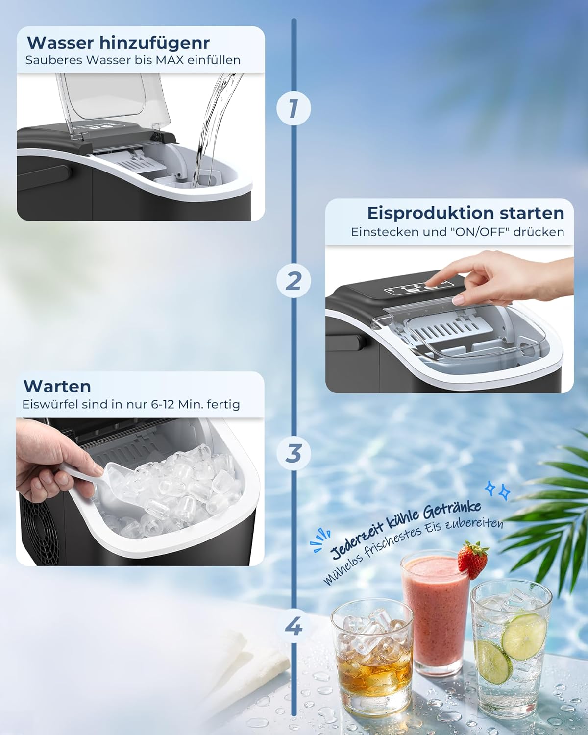 Thumbnail 5 de WELLENT Eiswürfelmaschine Klein – Ice Maker mit Selbstreinigung & 2 Größen (8 Würfel in 6 Min)