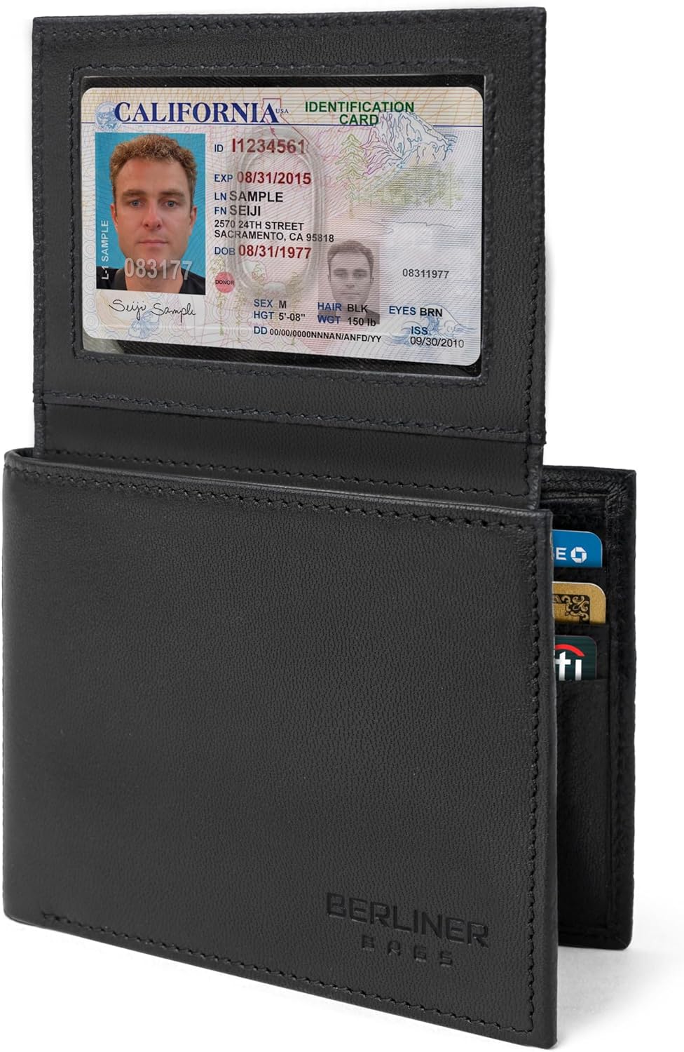 Detalle de Berliner Bags Peter Portefeuille Homme en Cuir Véritable – Protection RFID, 8 emplacements, 2 fenêtres ID, 12 x 9,5 cm – Noir