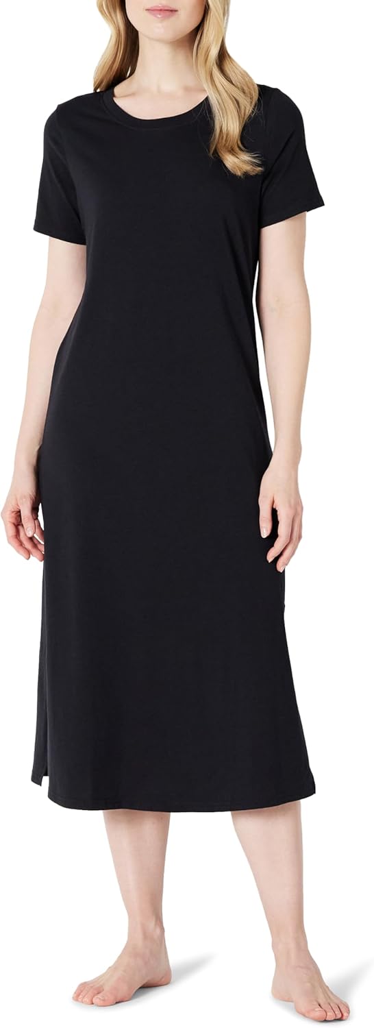 Detalle de Amazon Essentials Damen Nachthemd mit kurzen Ärmeln aus Baumwollmodal (Regular Fit) – weiches Midi-Nachthemd