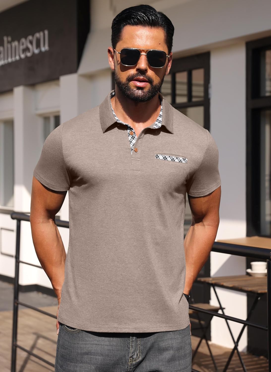 Detalle de Hisir Mens Polo Shirt Cotton Short Sleeve with Pocket – Modern Smart-Casual Polo