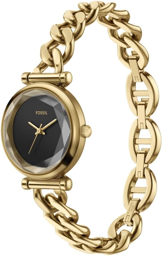 Detalle de Fossil Carlie Damenuhr – goldfarbenes Edelstahlgehäuse & Armband, Quarzwerk, 28 mm