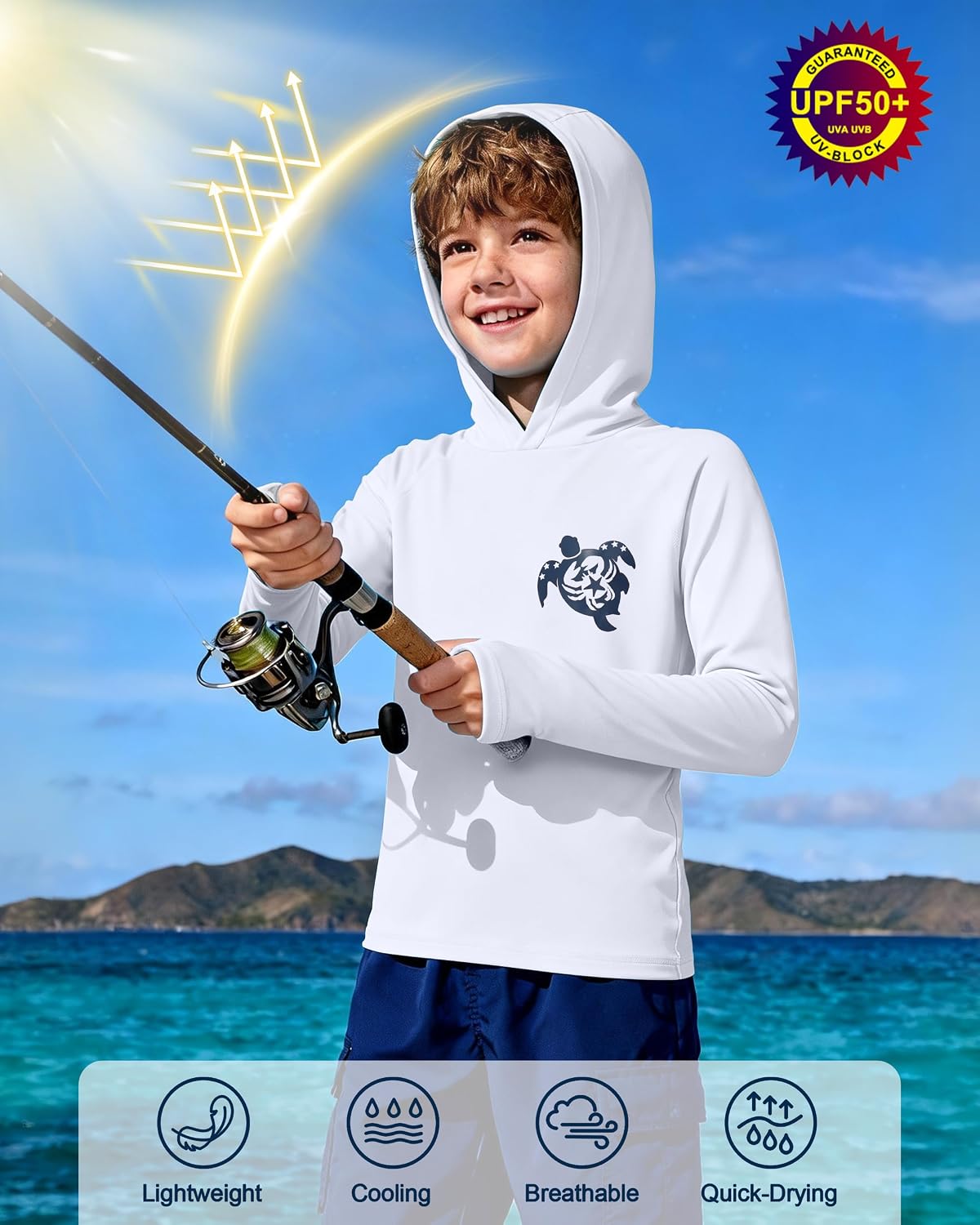 Detalle de DRONIRING Kids Hooded Rash Guard Swim Shirt, UPF 50+, Quick-Dry with Thumbholes