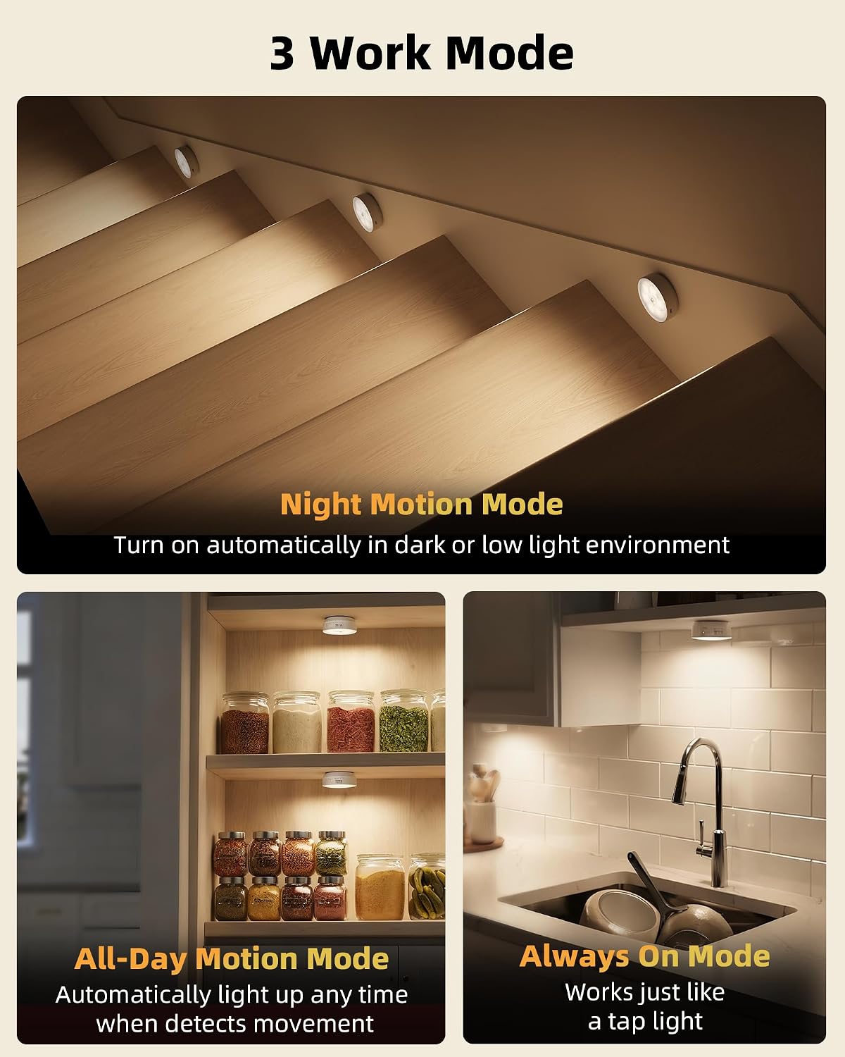 Detalle de EZVALO Motion Sensor Puck Lights, USB-C Rechargeable, Dimmable, 3 Color Temps