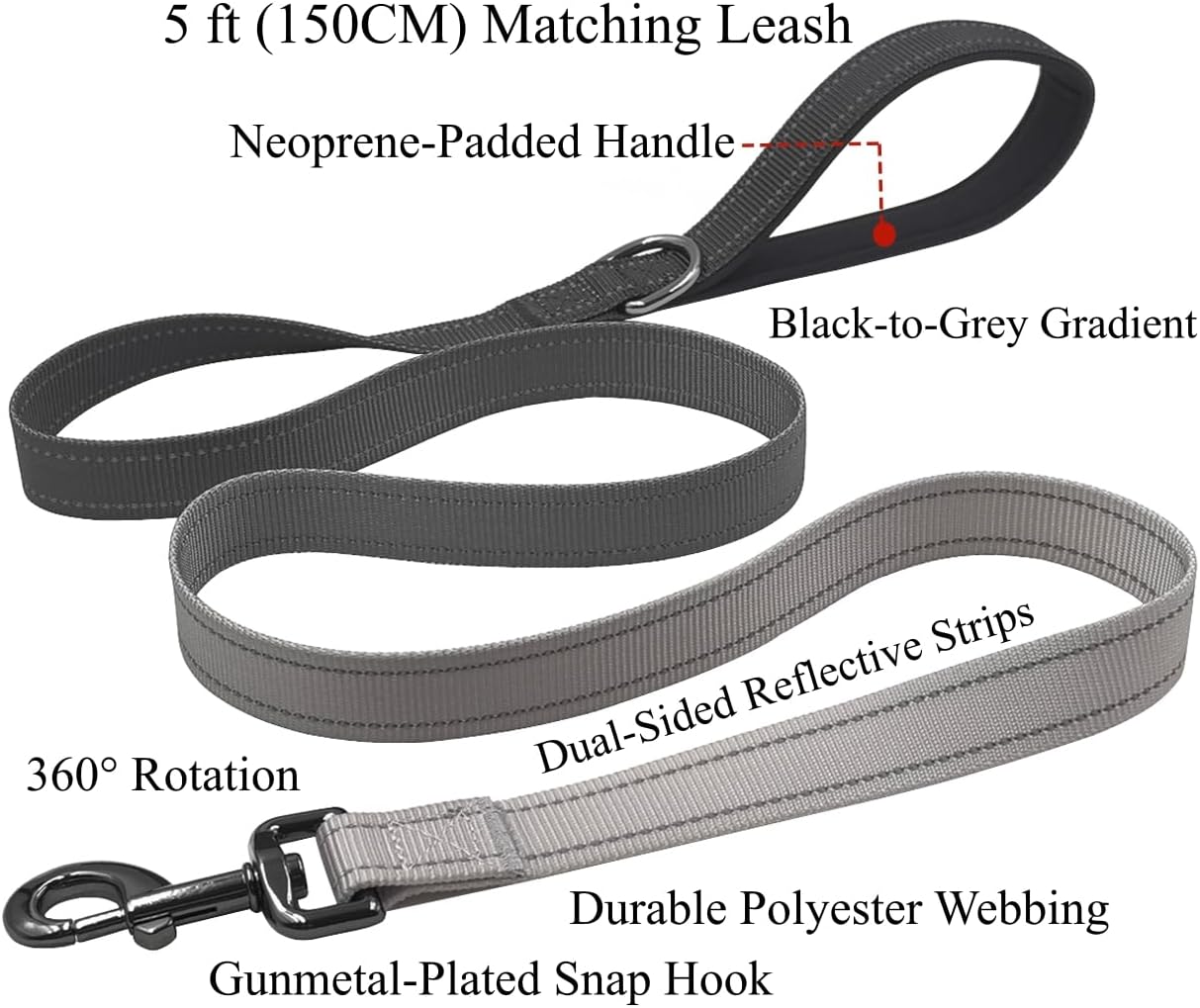 Thumbnail 2 de Olahibi Dog Collar Leash Set – Gradient Colour, Reflective Strips, Neoprene Handle, 150 cm Leash (Medium, Black/Grey)