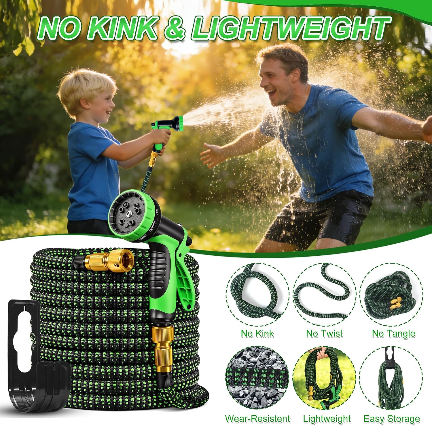 Detalle de Expandable Garden Hose Pipe 100FT with 10-Pattern Nozzle – Leak-Proof, Retractable & Kink-Free