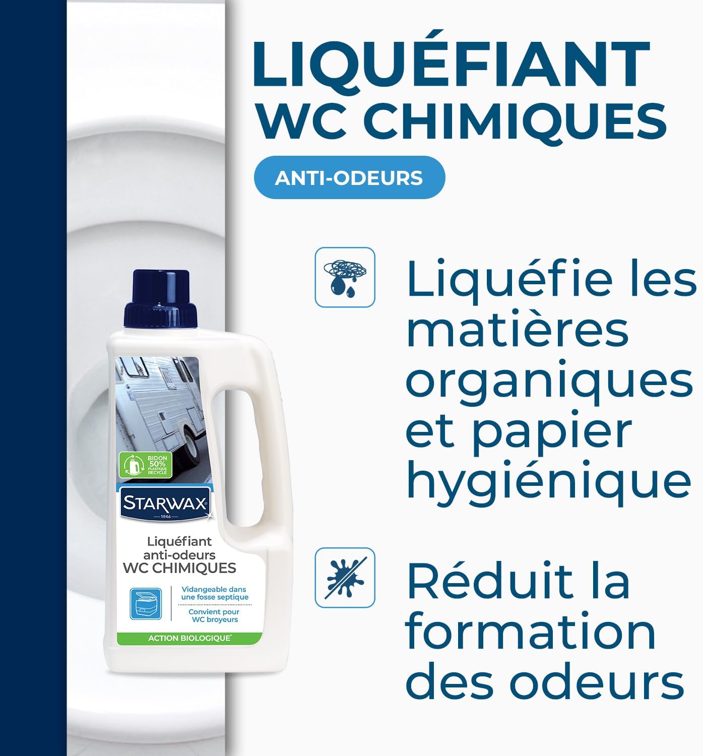 Detalle de STARWAX Liquéfiant désodorisant pour WC chimiques 1L — liquéfie les matières et réduit les odeurs grâce à une action enzymatique