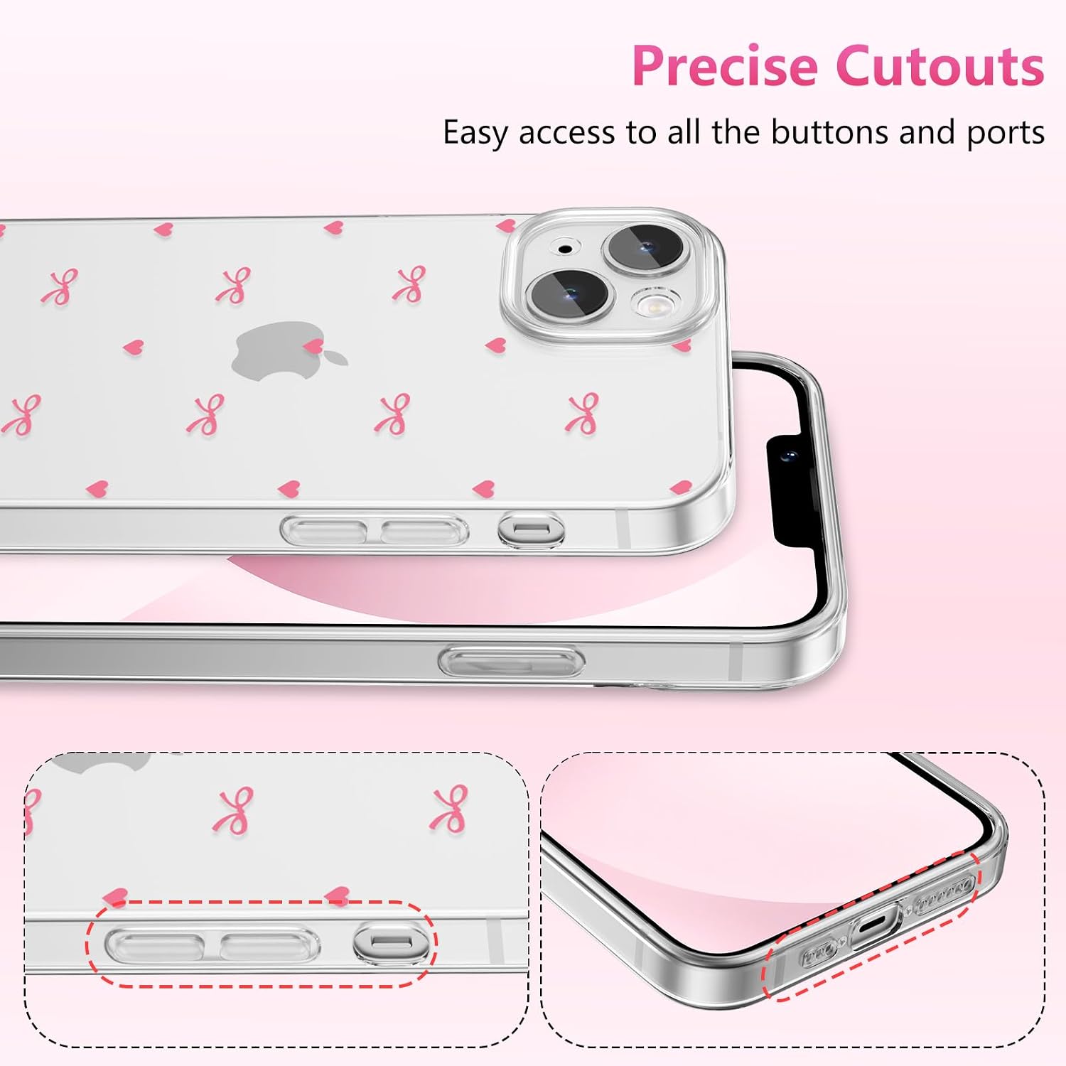 Detalle de ZTOFERA Durchsichtige Hülle für iPhone 14 (6.1) – Rosa Heißes Herz & Schleife, TPU Flexibel & Stoßfest