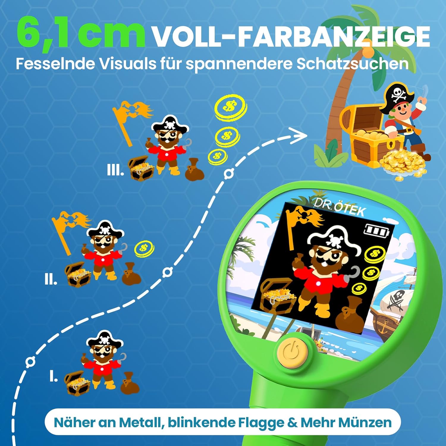 Thumbnail 1 de DR.ÖTEK Metalldetektor Kinder mit Farb-LCD und 6" Suchspule (LED) – für 3 bis 12 Jahre, grün