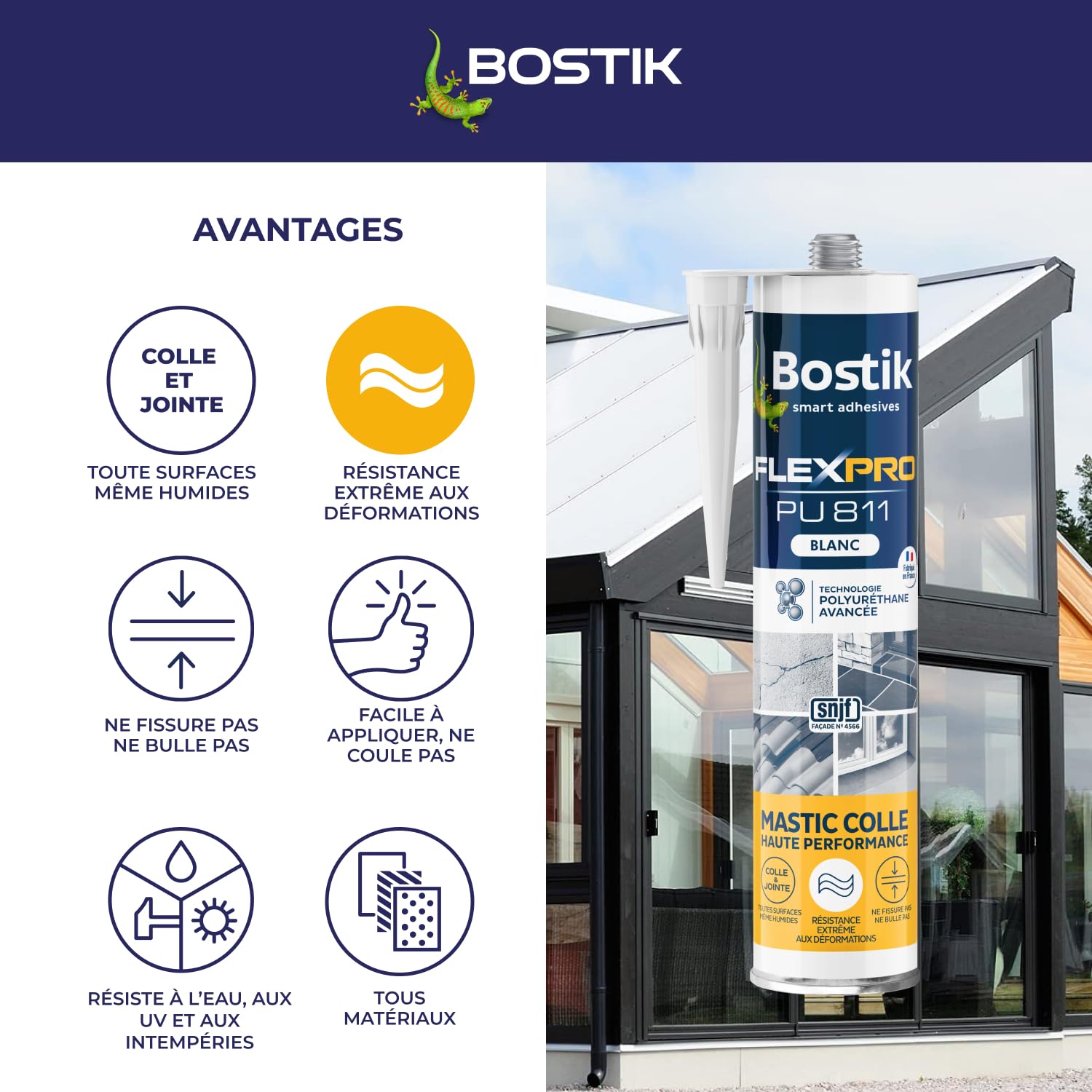 Detalle de Bostik Mastic Colle Flexpro PU811 – Colle et Jointe Tous Matériaux, 300 ml, Blanc