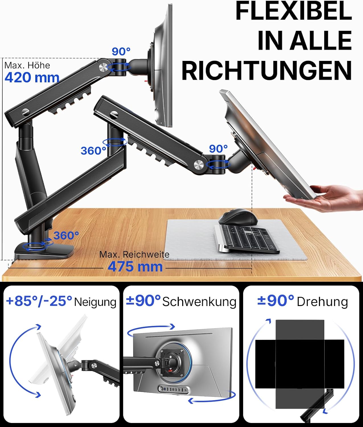 Detalle de HUANUO MonitorHalterung 2 Monitore für 13–32 Zoll – FlowLift Pro mit MechaSpring, werkzeugloser InstaMount, ACA-empfohlen