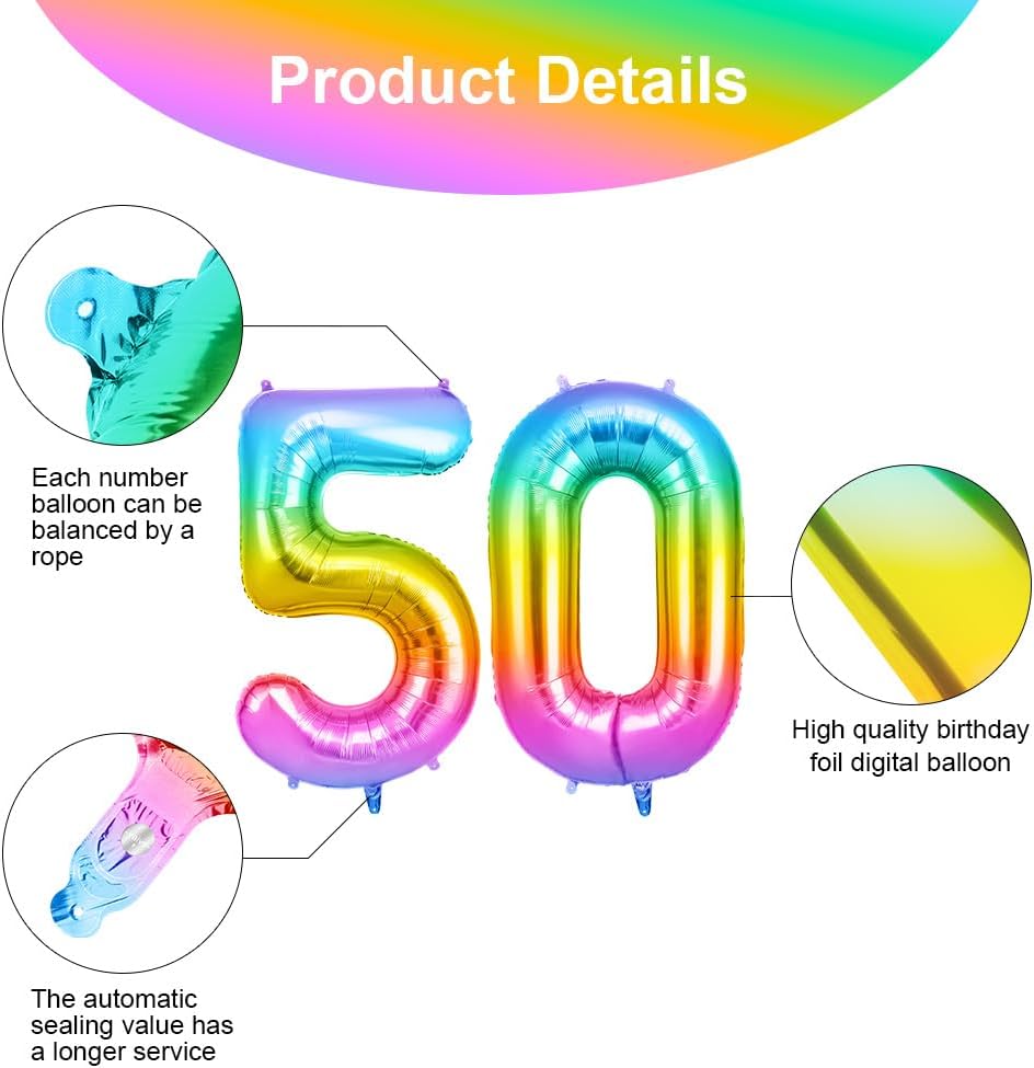 Thumbnail 2 de OFFCUP Ballon d’anniversaire 50 ans arc-en-ciel (foil) avec chiffre 101 cm – gonflable à l’hélium