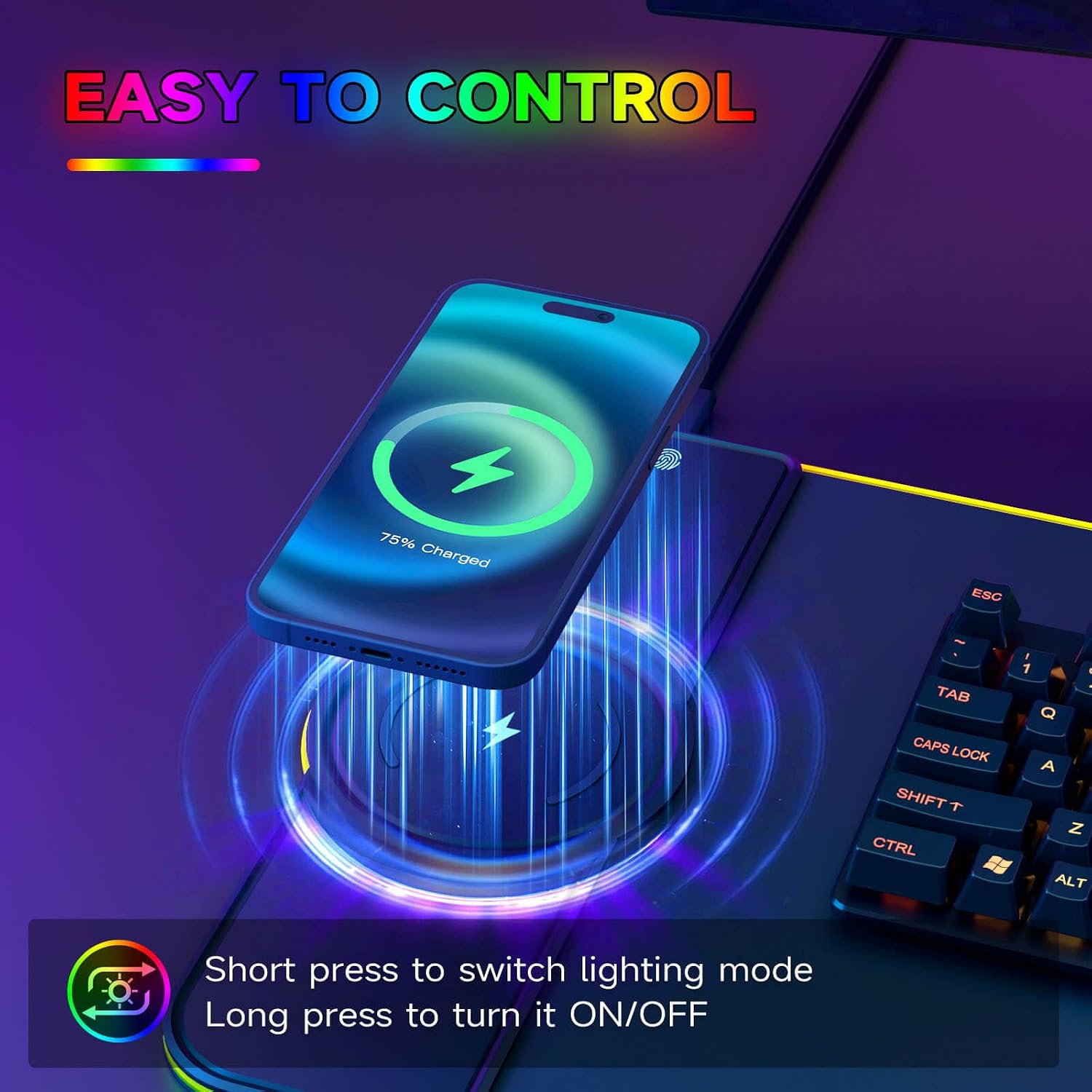 Detalle 2 de Hcman Charging RGB Gaming Mouse Pad - Wireless 15W, Extra Large 80x30cm
