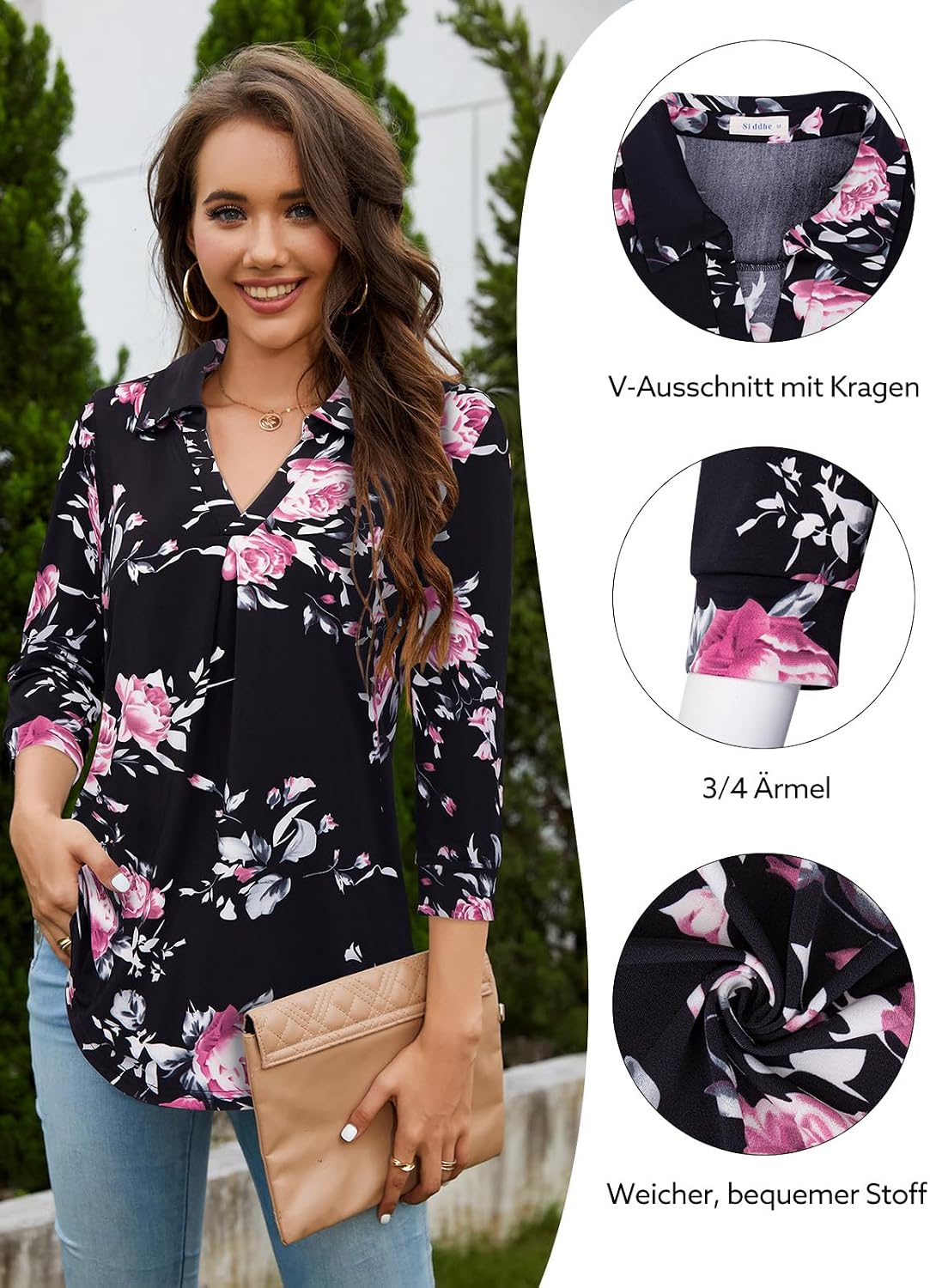 Detalle 1 de Siddhe Damen V-Ausschnitt Bluse 3/4