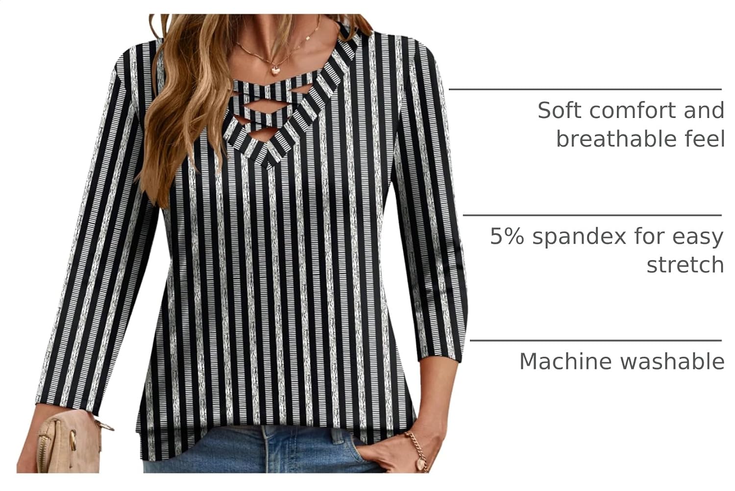 Thumbnail 3 de Rapbin Women Blouses Dressy Casual Spring Tops with 3/4 Sleeves and Criss-Cross V-Neck