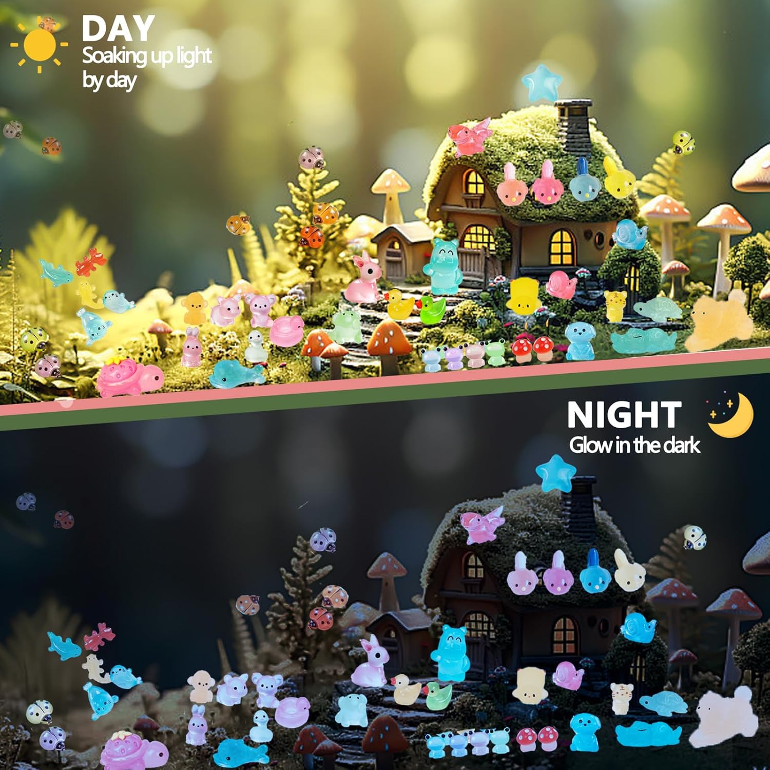 Detalle 2 de Blynmyr 230pcs Mini Resin Animals: 77 Styles of Glow-in-the-Dark Tiny Figures for Creative Displays