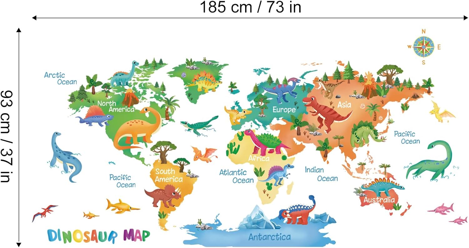 Thumbnail 4 de FUFUQUARE Cute Dinosaurs World Map Wall Sticker – Large Colourful Dino Peel & Stick Vinyl