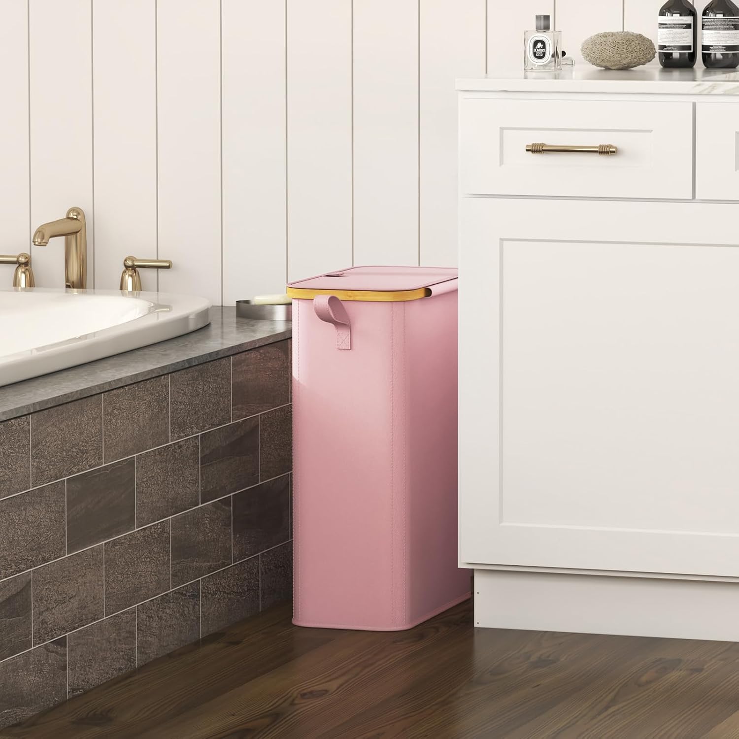 Detalle 2 de Lifewit 23177 smalle wasmand van 50 liter met deksel, roze en opvouwbaar