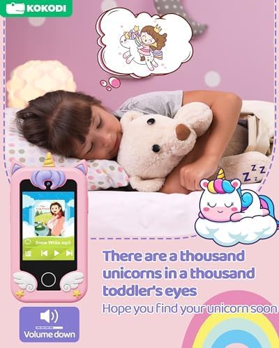 Detalle de KOKODI Pink speelgoedsmartphone voor kinderen met touchscreen en eenhoornthema