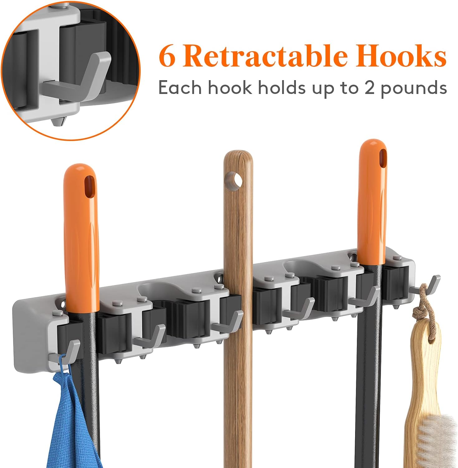 Detalle 2 de Lifewit 22068 Wall-Mounted Broom and Mop Holder, 5 Slots and 6 Hooks