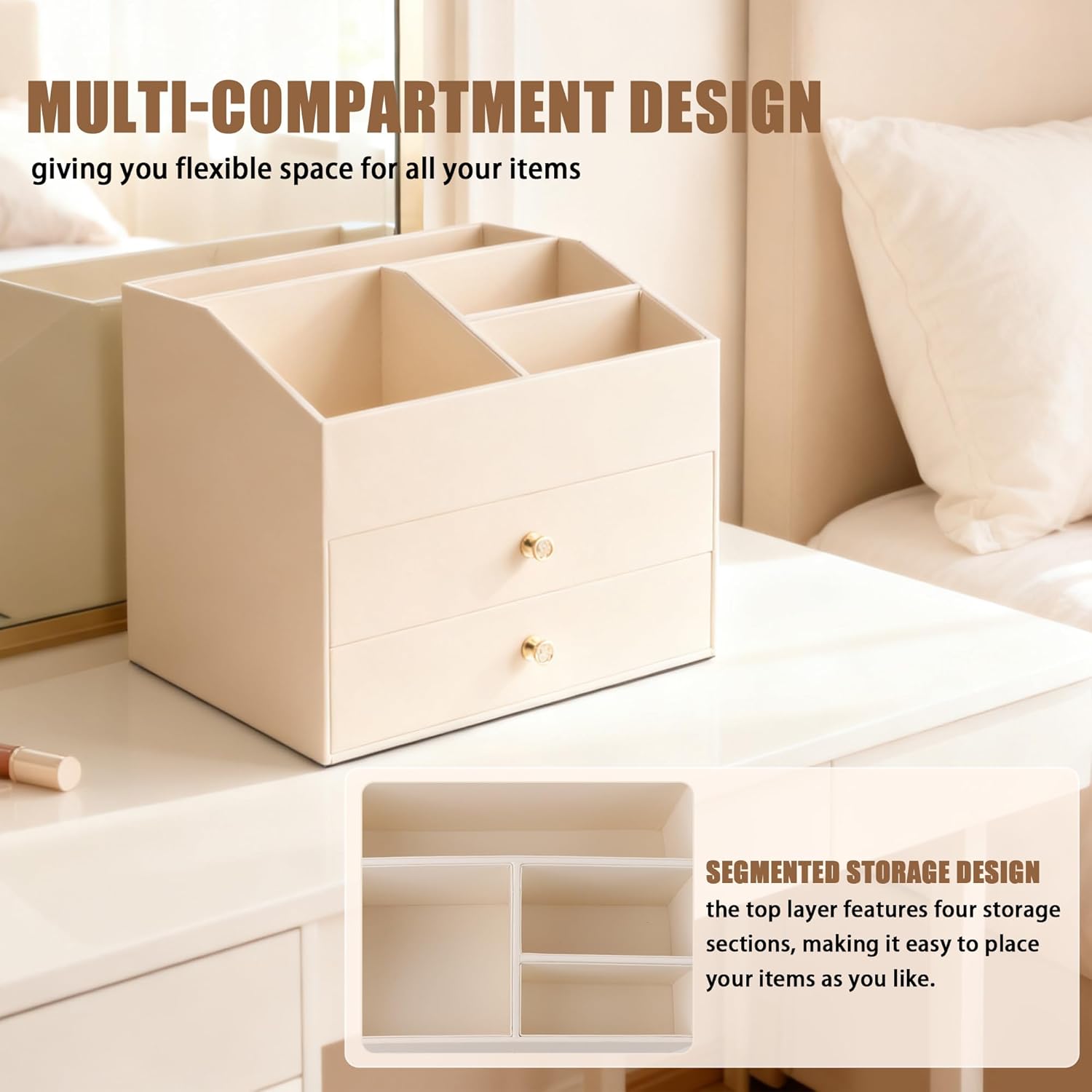 Thumbnail 6 de Homeanda Faux Leather Makeup Organiser with 2 Drawers (Beige, 25x18x21.5cm)