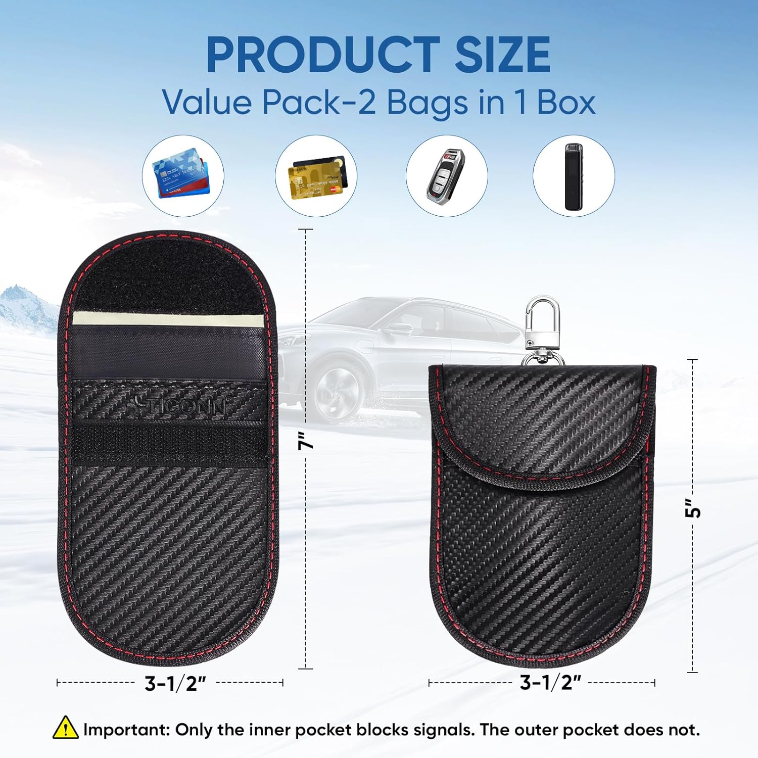 Thumbnail 1 de TICONN 2PK Faraday Bags for Car Keys Fob (3.5 in x 5.0 in) — RFID/NFC Signal Blocking Anti-Theft Pouch (Carbon Fiber)