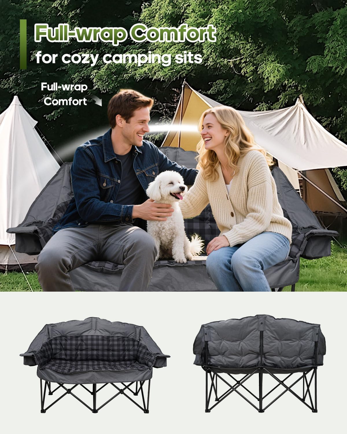 Thumbnail 3 de Gray Double Camping Chair Loveseat Couch with Cup Holders and 2-in-1 Carry Bag