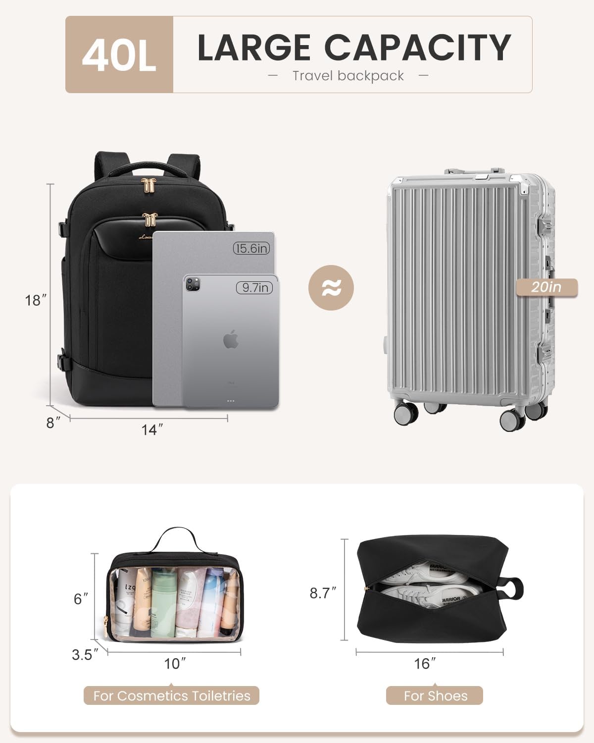 Thumbnail 3 de LOVEVOOK 40L Travel Backpack for Women & Men (TSA Personal Item) with Waterproof Compartments and Laptop Sleeve, Black